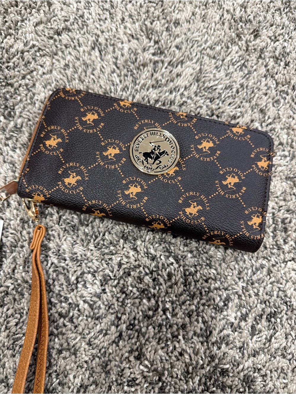Beverly Hills Polo Club Dark Brown and Tan Logo Zip Wristlet Card Holder